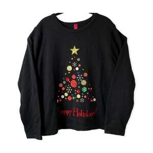 Christmas Sweater Womens Size XL 16-18 Tree Ornaments Happy Holidays Black